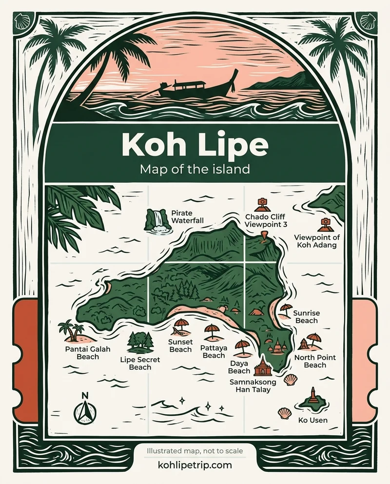 Illustrated map, not to scale: Koh Lipe, Map of the island. North: Pirate Waterfall. North-east: Chado Cliff Viewpoint 3, Viewpoint of Koh Adang. South-west: Pantai Galah Beach, Lipe Secret Beach. South: Sunset Beach, Pattaya Beach, Daya Beach, Samnaksong Han Talay. South-east: Sunrise Beach, North Point Beach, Ko Usen. kohlipetrip.com.